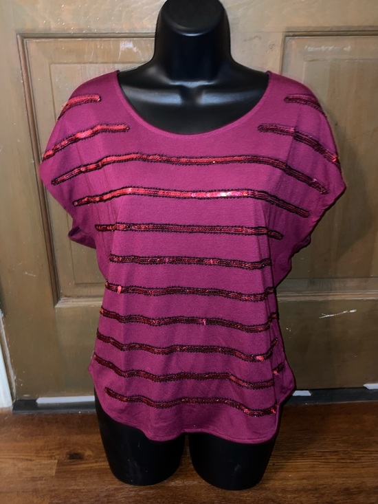 Tops - Fuchsia Y2K Sequin Pink Stripe Relax Fit Short Sleeve Lightweight Shirt Size M